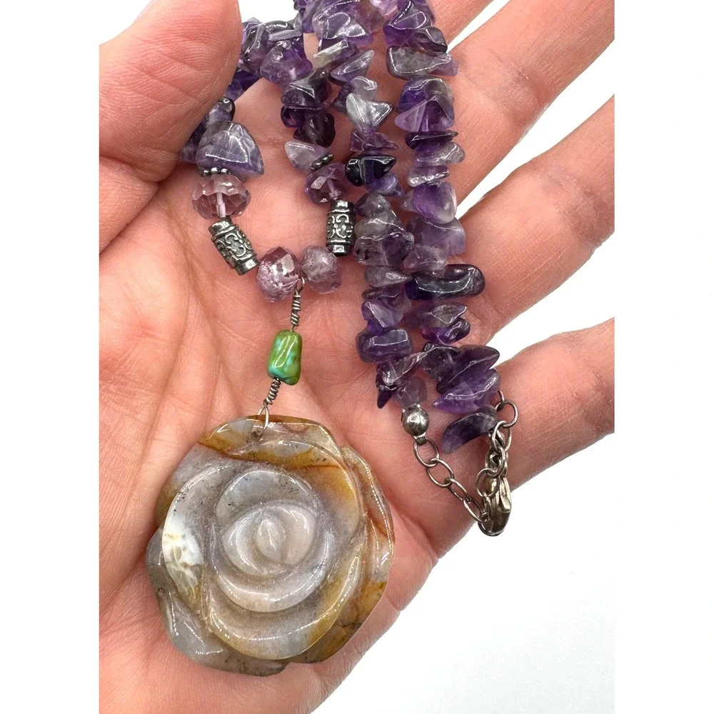 Handmade Amethyst Chip Necklace Carved Agate Rose Pendant Purple Earthy Boho